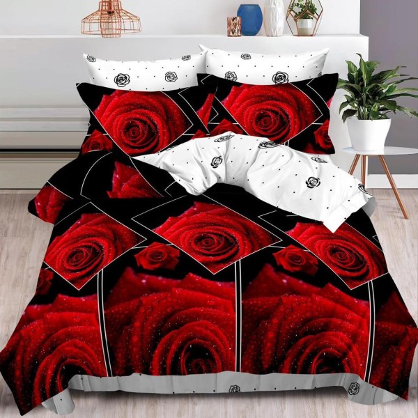 Lenjerie pat dublu (140x200cm, 160x200cm, 180x200cm),  FINET, 6 piese, Rosu, trandafiri [1]