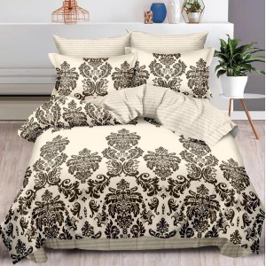 Lenjerie pat dublu cu ELASTIC, Finet, 6 piese, Bej, model oriental