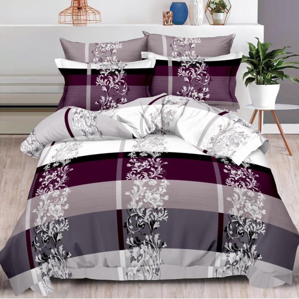 Lenjerie pat dublu (140x200cm, 160x200cm, 180x200cm),  FINET, 6 piese, Mov, floral [1]