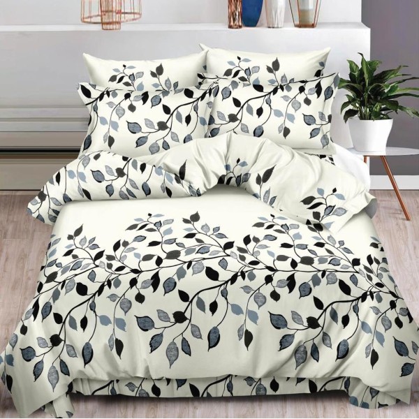 Lenjerie pat dublu (160x200cm, 180x200cm),  FINET, 6 piese, cu ELASTIC, Gri, frunze [1]
