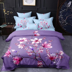 Lenjerie pat dublu,  FINET, 6 piese, IDENTICA CU POZA, Mov, magnolii