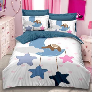 Lenjerie pat dublu,  FINET, 6 piese, IDENTICA CU POZA, Albastru, stelute
