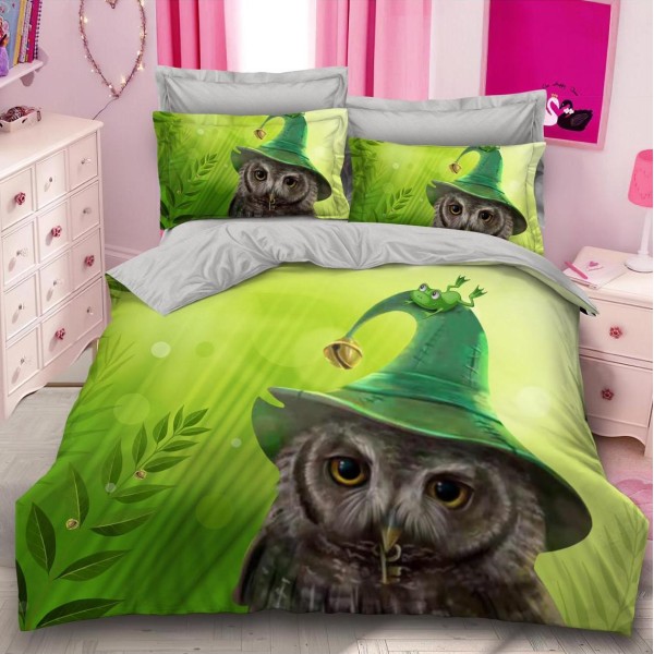 Lenjerie pat dublu,  FINET, 6 piese, IDENTICA CU POZA, Verde, bufnita [1]