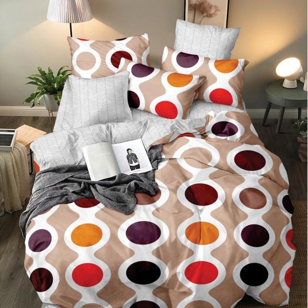 Lenjerie pat dublu (140x200cm, 160x200cm, 180x200cm), bumbac satinat, cearsaf clasic, 4 piese,  Maro, cercuri [1]