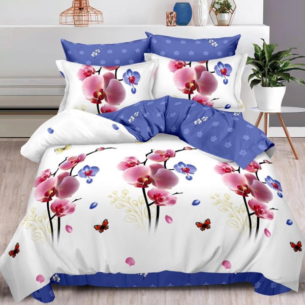 Lenjerie pat dublu (160x200cm, 180x200cm),  FINET, 6 piese, cu ELASTIC, Roz, orhidee, fluturi [1]