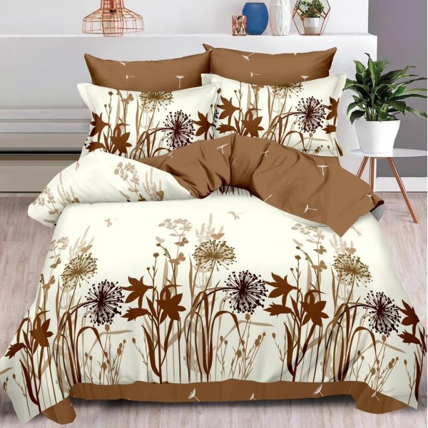 Lenjerie pat dublu (160x200cm, 180x200cm),  FINET, 6 piese, cu ELASTIC, Maro, papadii, flori [1]