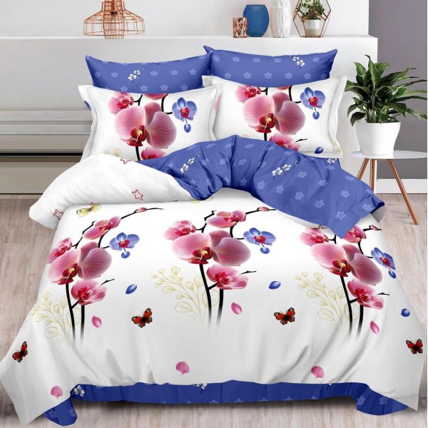 Lenjerie pat dublu (140x200cm, 160x200cm, 180x200cm),  FINET, 6 piese, Alb-Roz, orhidee, fluturi [1]