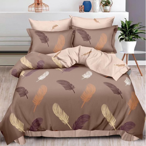 Lenjerie pat dublu (160x200cm, 180x200cm),  FINET, 6 piese, cu ELASTIC, Maro, pene [1]