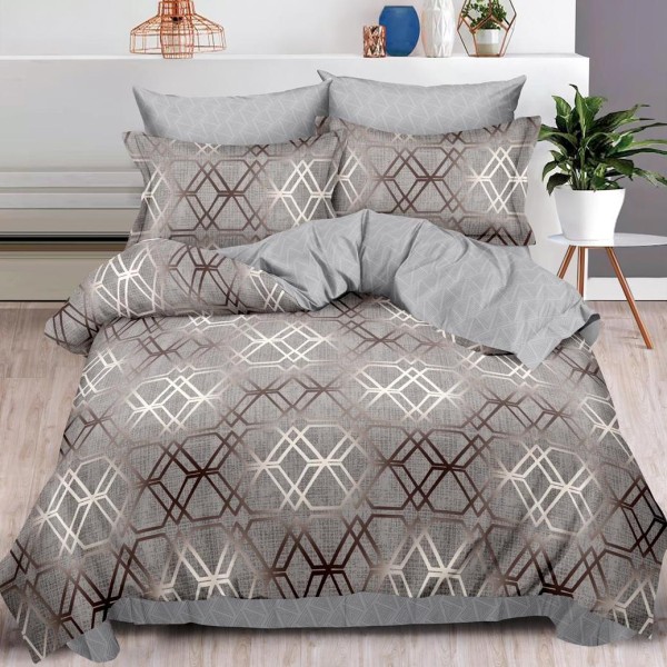 Lenjerie pat dublu (160x200cm, 180x200cm),  FINET, 6 piese, cu ELASTIC, Gri, forme geometrice [1]