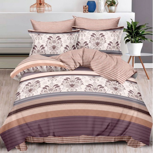 Lenjerie pat dublu (160x200cm, 180x200cm),  FINET, 6 piese, cu ELASTIC, Bej, dungi [1]