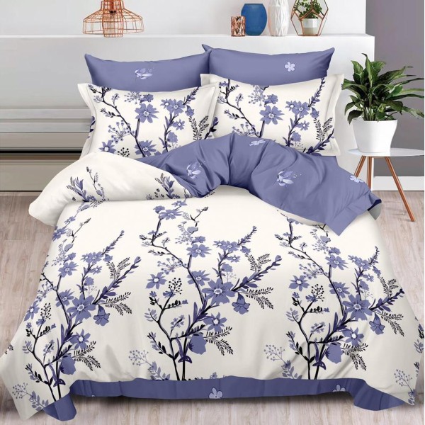 Lenjerie pat dublu (160x200cm, 180x200cm),  FINET, 6 piese, cu ELASTIC, Albastru, crengute [1]