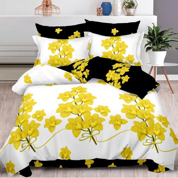Lenjerie pat dublu (140x200cm, 160x200cm, 180x200cm),  FINET, 6 piese, Galben, flori [1]