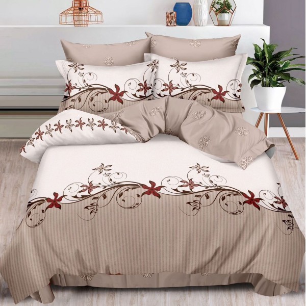 Lenjerie pat dublu (160x200cm, 180x200cm),  FINET, 6 piese, cu ELASTIC, Bej, floral [1]