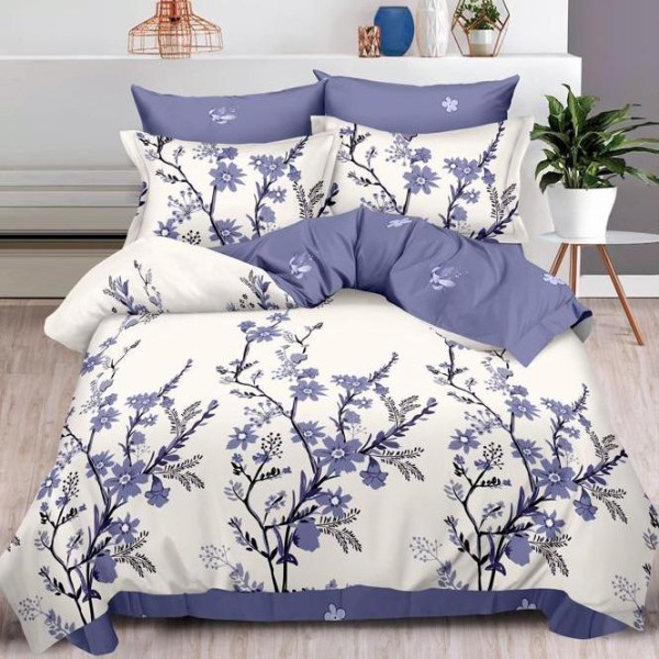 Lenjerie pat dublu (140x200cm, 160x200cm, 180x200cm),  FINET, 6 piese, Gri albastrui, flori [1]