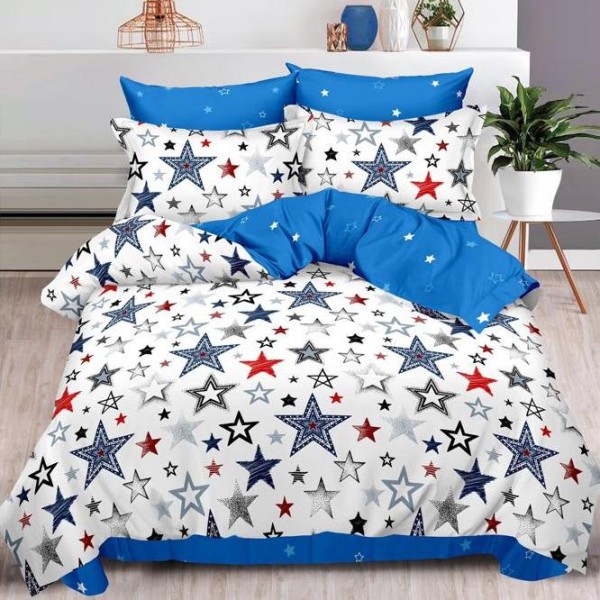 Lenjerie pat dublu (140x200cm, 160x200cm, 180x200cm),  FINET, 6 piese, Albastru, stelute [1]