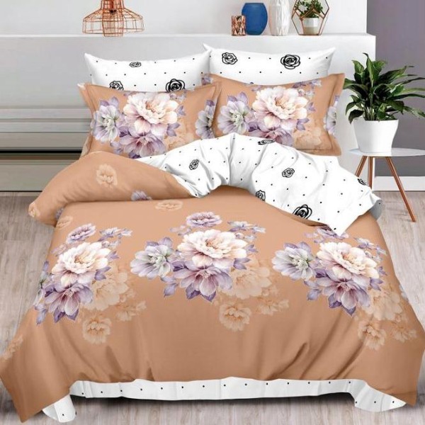 Lenjerie pat dublu (140x200cm, 160x200cm, 180x200cm),  FINET, 6 piese, Bej, flori [1]