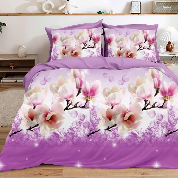 Lenjerie pat dublu (140x200cm, 160x200cm, 180x200cm), cearsaf clasic, imprimeu 3D, Mov, magnolii [1]