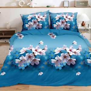 Lenjerie pat dublu (140x200cm, 160x200cm, 180x200cm), cearsaf clasic, imprimeu 3D, Albastru, flori de cires