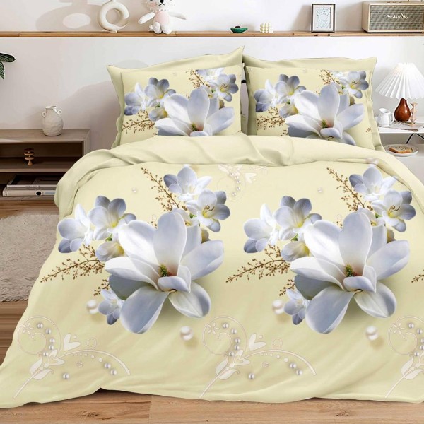 Lenjerie pat dublu (140x200cm, 160x200cm, 180x200cm), cearsaf clasic, imprimeu 3D, Crem, flori [1]