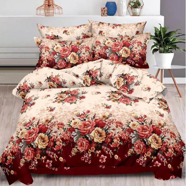 Lenjerie pat dublu (140x200cm, 160x200cm, 180x200cm),  FINET, 6 piese, Bej-Rosu, flori [1]