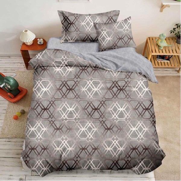 Lenjerie pat 140x200cm,  FINET, 4 piese, cu ELASTIC, Gri, forme geometrice [1]
