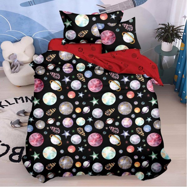 Lenjerie pat 140x200cm,  FINET, 4 piese, cu ELASTIC, Negru, planete, stelute [1]