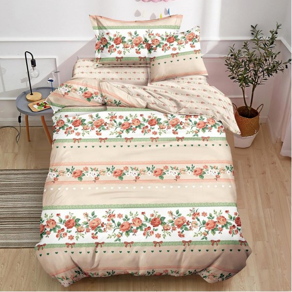 Lenjerie pat 140x200cm,  FINET, 4 piese, cu ELASTIC, Bej, flori [1]