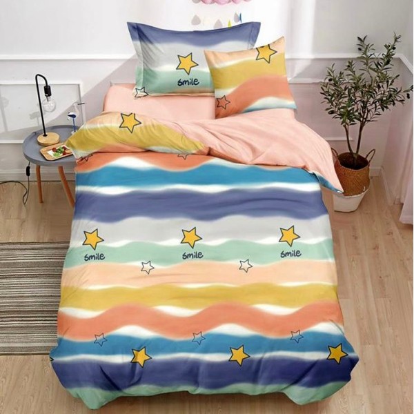 Lenjerie pat 140x200cm,  FINET, 4 piese, cu ELASTIC, Portocaliu, valuri, stelute [1]