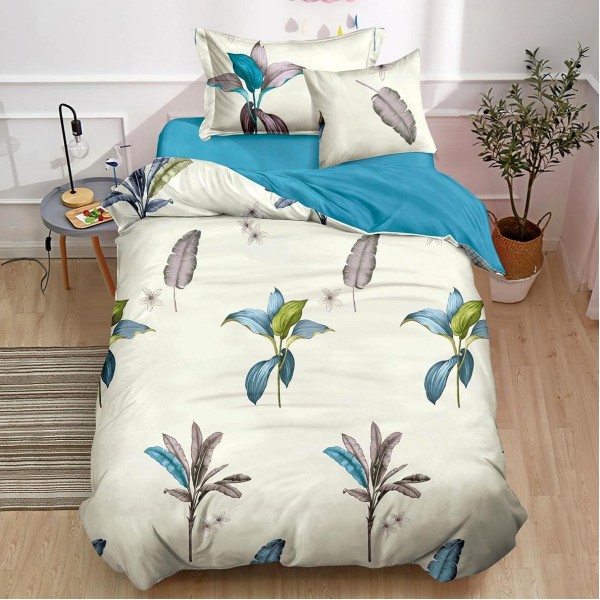 Lenjerie pat 140x200cm,  FINET, 4 piese, cu ELASTIC, Albastru, flori [1]