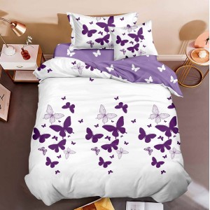 Lenjerie pat 140x200cm,  FINET, 4 piese, cu ELASTIC, Mov, fluturi