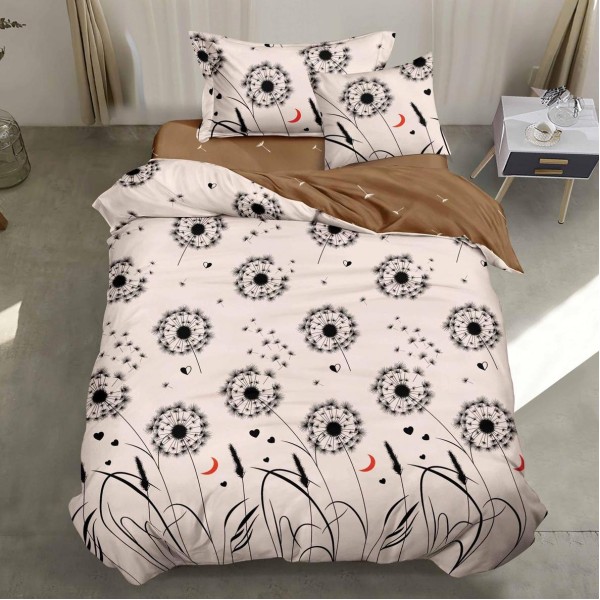 Lenjerie pat 140x200cm,  FINET, 4 piese, cu ELASTIC, Bej, papadii [1]