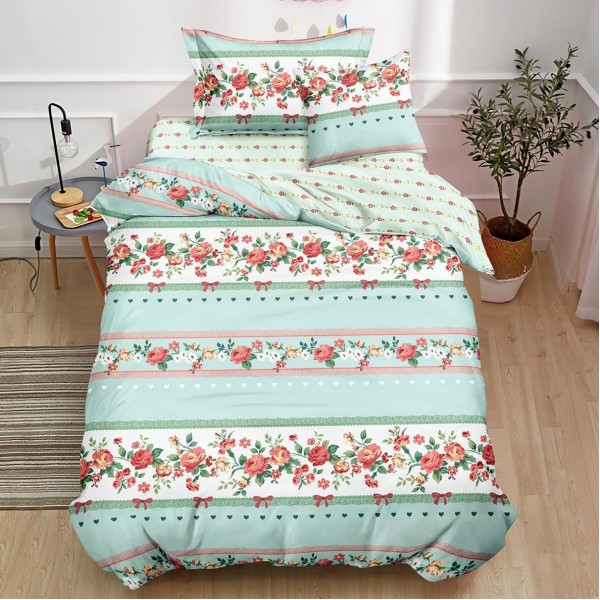 Lenjerie pat 140x200cm,  FINET, 4 piese, cu ELASTIC, Vernil, trandafiri, fundite, inimioare [1]