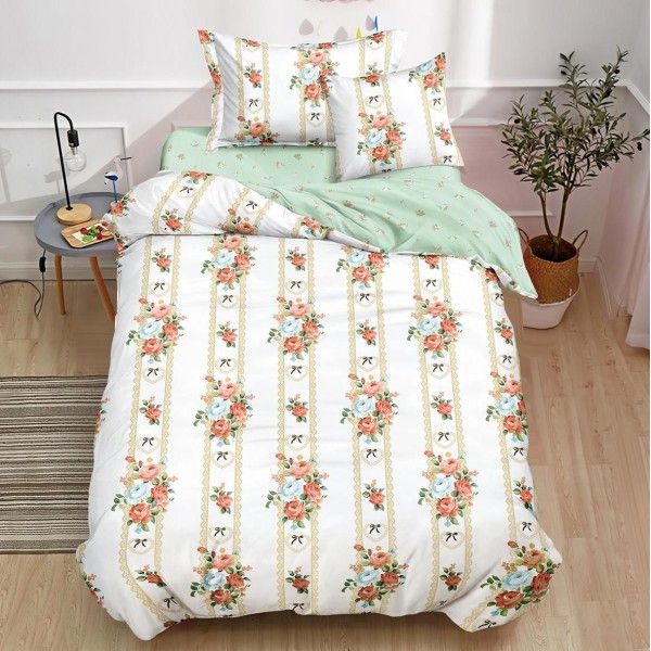 Lenjerie pat 140x200cm,  FINET, 4 piese, cu ELASTIC, Bej, trandafiri, fundite [1]