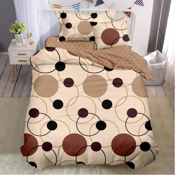 Lenjerie pat 140x200cm,  FINET, 4 piese, cu ELASTIC, Maro, cercuri [1]