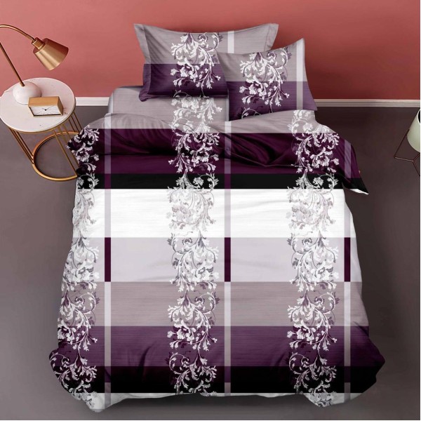 Lenjerie pat 140x200cm,  FINET, 4 piese, cu ELASTIC, Mov, model floral [1]