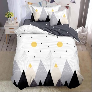 Lenjerie pat 140x200cm,  FINET, 4 piese, cu ELASTIC, Gri, munti