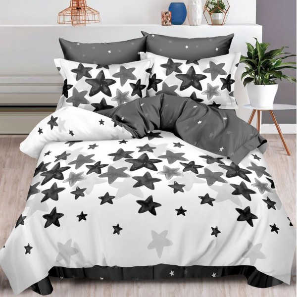 Lenjerie pat dublu (160x200cm, 180x200cm),  FINET, 6 piese, cu ELASTIC, Gri, stelute [1]