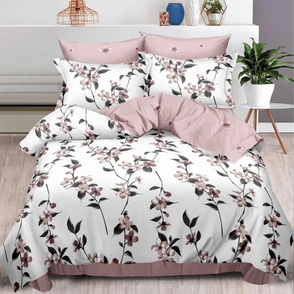 Lenjerie pat dublu (140x200cm, 160x200cm, 180x200cm),  FINET, 6 piese, Roz pudra, flori [1]