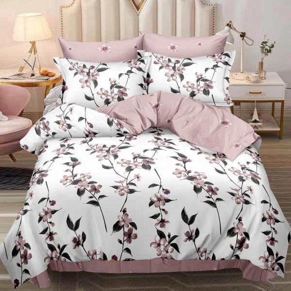 Lenjerie pat dublu (160x200cm, 180x200cm),  FINET, 6 piese, cu ELASTIC, Roz, flori [1]