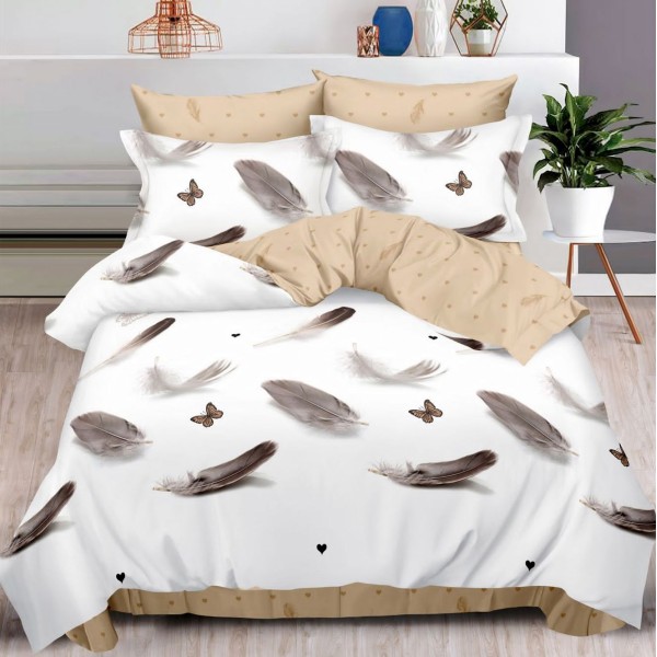 Lenjerie pat dublu (160x200cm, 180x200cm),  FINET, 6 piese, cu ELASTIC, Gri, pene, fluturi, inimioare [1]