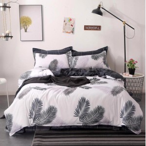 Lenjerie pat dublu (140x200cm, 160x200cm, 180x200cm), bumbac satinat, cearsaf clasic, 4 piese,  Gri, frunze Lenjerie pat dublu (140x200cm, 160x200cm, 180x200cm), bumbac satinat, cearsaf clasic, 4 piese,  Gri, frunze