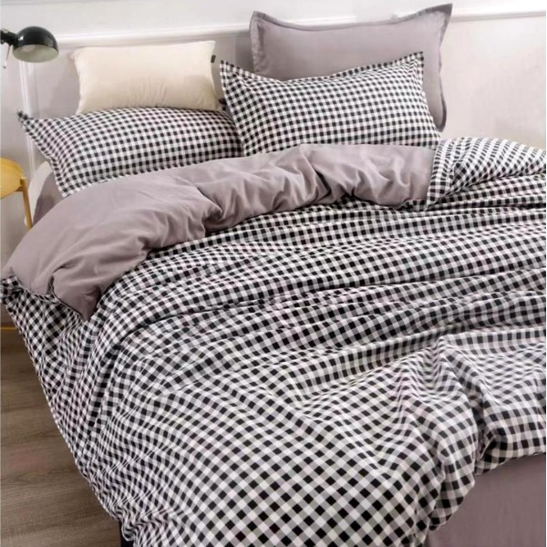 Lenjerie pat dublu (140x200cm, 160x200cm, 180x200cm), bumbac satinat, cearsaf clasic, 4 piese,  Gri, carouri [1]