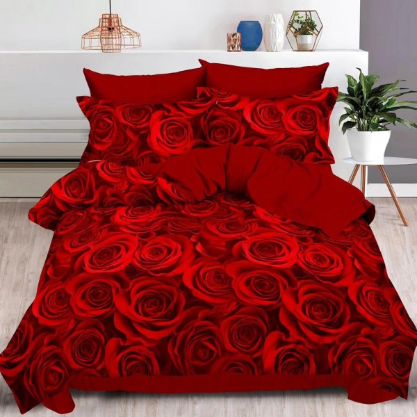 Lenjerie pat dublu (140x200cm, 160x200cm, 180x200cm),  FINET, 6 piese, Rosu, trandafiri [1]