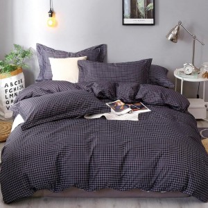 Lenjerie pat dublu, bumbac satinat, cearsaf clasic, 4 piese, Gri inchis, carouri Lenjerie pat dublu, bumbac satinat, cearsaf clasic, 4 piese, Gri inchis, carouri
