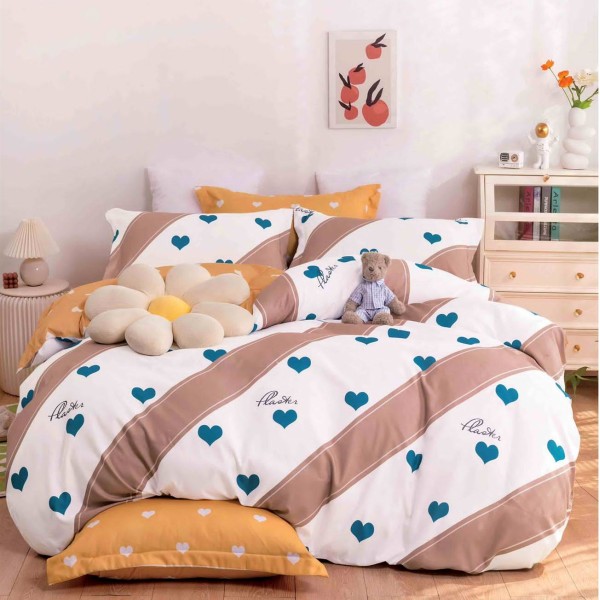 Lenjerie pat dublu (140x200cm, 160x200cm, 180x200cm), bumbac satinat, cearsaf clasic, 4 piese,  Alb-Bej, inimioare [1]