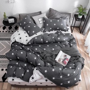 Lenjerie pat dublu (140x200cm, 160x200cm, 180x200cm), bumbac satinat, cearsaf clasic, 4 piese,  Gri, stelute Lenjerie pat dublu (140x200cm, 160x200cm, 180x200cm), bumbac satinat, cearsaf clasic, 4 piese,  Gri, stelute