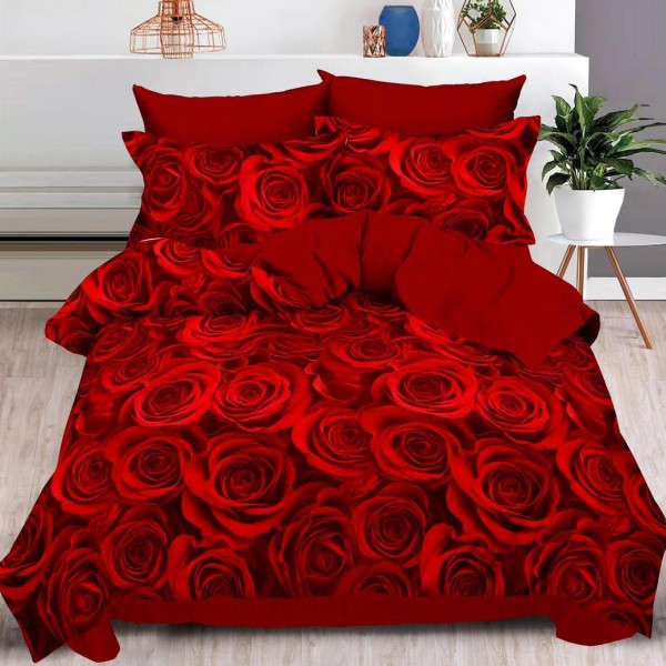 Lenjerie pat dublu (160x200cm, 180x200cm),  FINET, 6 piese, cu ELASTIC, Rosu, trandafiri [1]