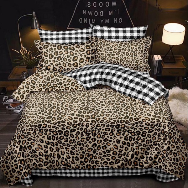 Lenjerie pat dublu (160x200cm, 180x200cm),  FINET, 6 piese, cu ELASTIC, Maro, animal print [1]