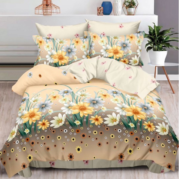 Lenjerie pat dublu (160x200cm, 180x200cm),  FINET, 6 piese, cu ELASTIC, Bej, flori [1]