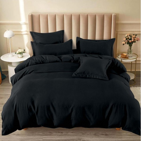Lenjerie pat dublu (160x200cm, 180x200cm),  FINET, 6 piese, cu ELASTIC, Negru [1]